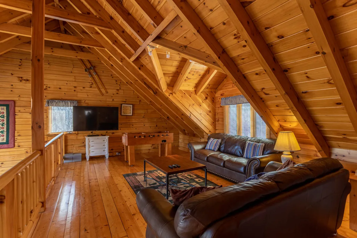 A cozy lounge space with leather sofas facing a television, surrounded by wooden beams and large windows. The coffee table in the center suggests a place for board or card games, and the overall setup is perfect for unwinding with a movie or casual group activities.